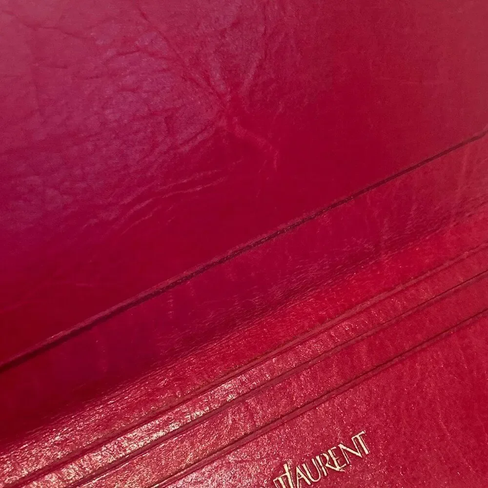 Vintage YSL Bifold Long Wallet Red Leather Gold Accent Sleek Iconic Bold Luxury